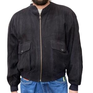 Fiorenza‎ Suede Leather Bomber Jacket Mens XL Black Plaid Lined Minimalist